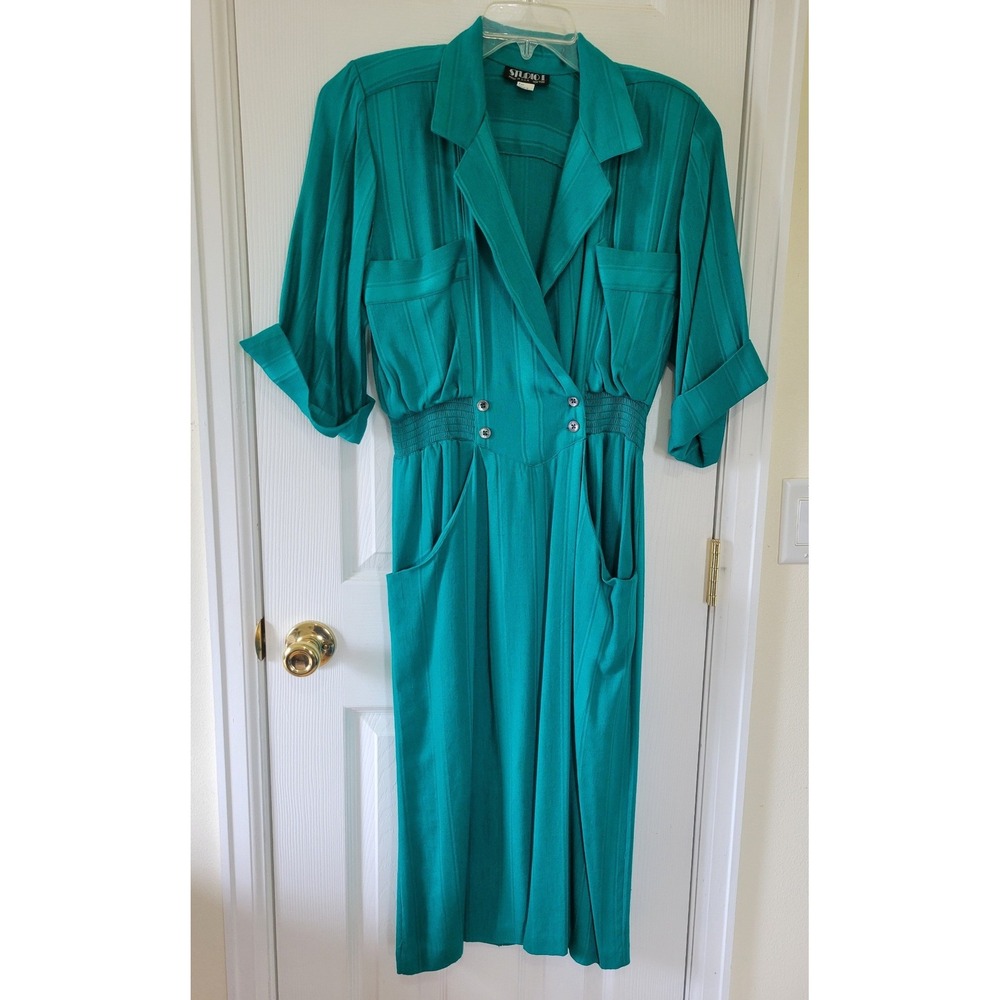 Vintage Studio I Teal Green‎ Midi Dress 80s Wrap Button Waist Pockets Size 8